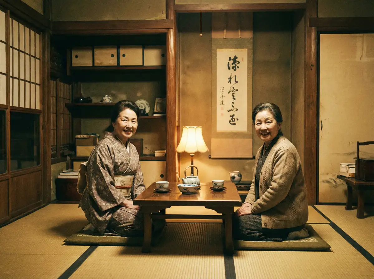 两位优雅的 立川理惠 在日式茶室中品茶交谈